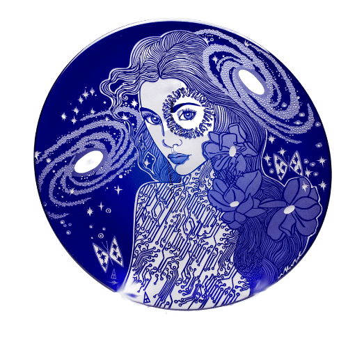 Blue and white circular artwork by Trish Duggan